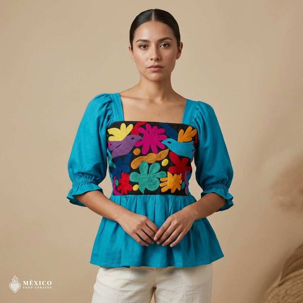Mexican Embroidered Peplum Blouse – Handmade Cotton Puff Sleeve Corset Top